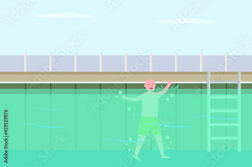 Drowning vector concept: Old man drowning in the swimming pool and need help