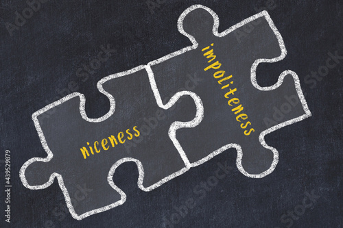 Concept of dealing with troubles. Chalk sketch of connecting puzzles with words niceness and impoliteness