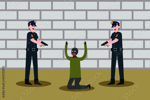 Prisoner vector concept: Two policeman caught the robber while using shoot gun 