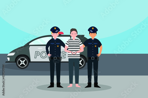 Prisoner vector concept: Two policeman caught and handcuff prisoner while walking together 