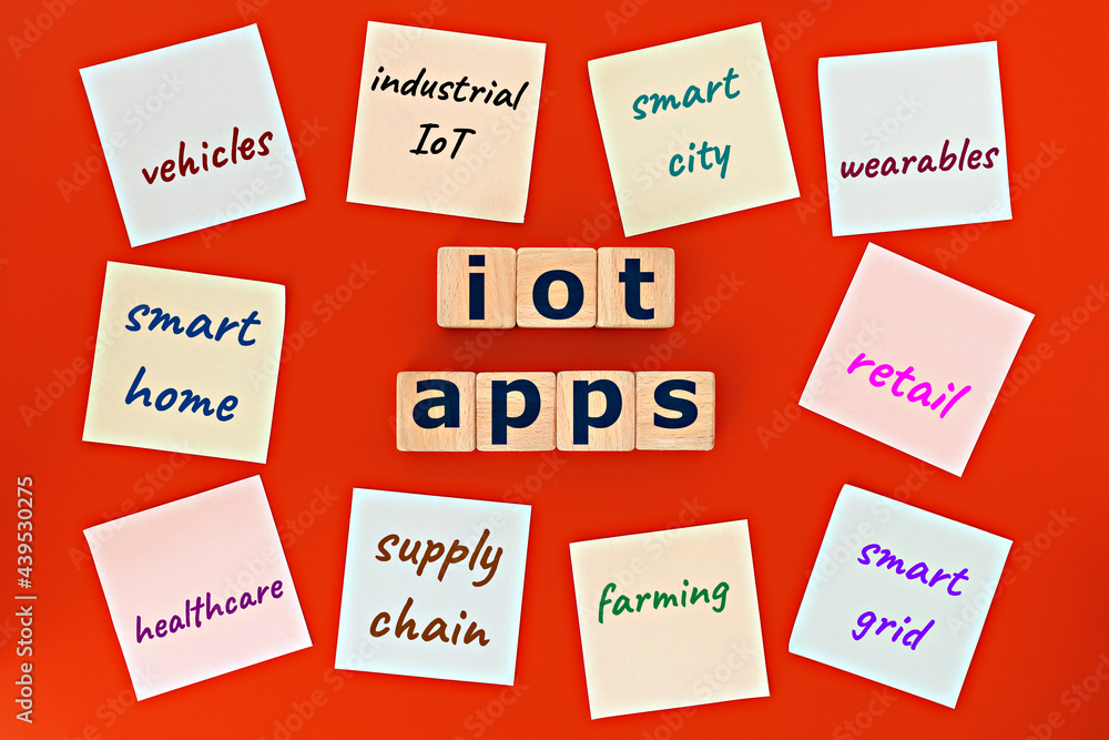 photo on IoT(internet of things) applications theme. wooden cubes with the words photo on IoT(internet of things) applications theme. wooden cubes with the words