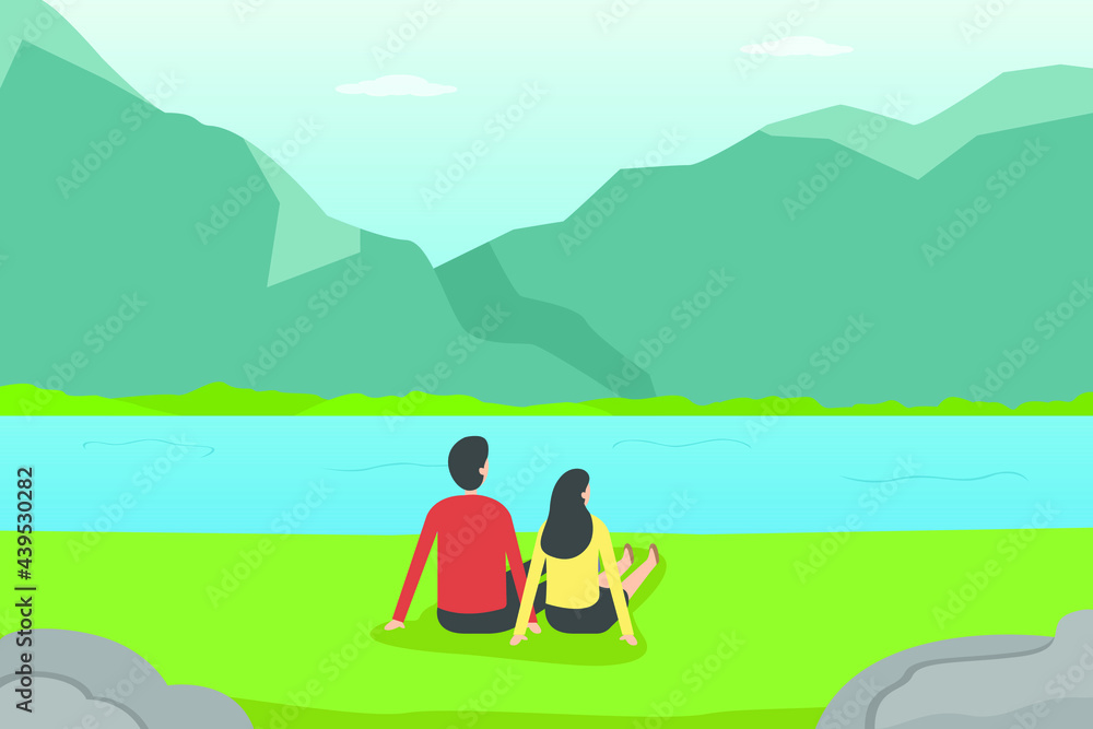 Quality time vector concept: Young couple enjoying quality time together while sitting near the lake