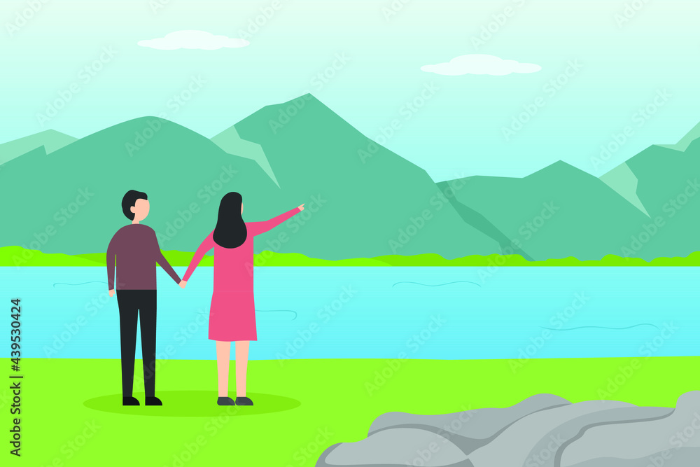 Naklejka premium Quality time vector concept: Young couple looking something near the lake while enjoying leisure time 