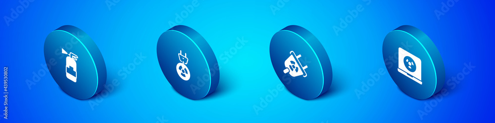 Set Isometric Fire extinguisher, Radiation electrical plug, Nuclear laptop and icon. Vector Set Isometric Fire extinguisher, Radiation electrical plug, Nuclear laptop and icon. Vector