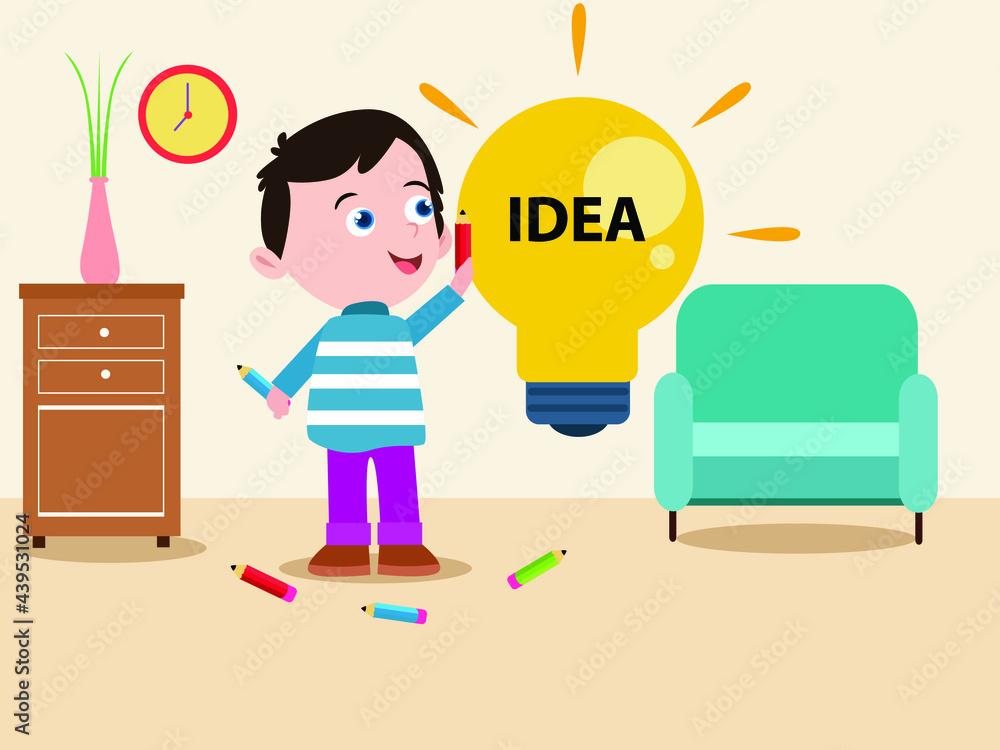 Child painting vector concept. Happy little boy drawing lightbulb with idea text on the wall at home Child painting vector concept. Happy little boy drawing lightbulb with idea text on the wall at home