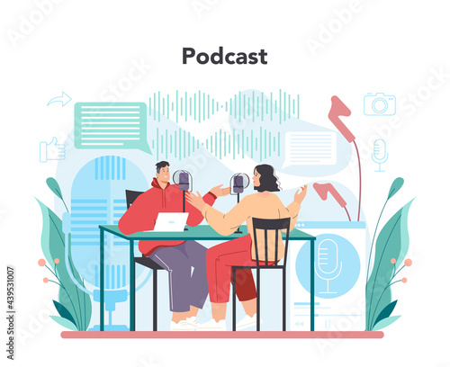 Blogger concept. Sharing media content by a broadcast in the studio.