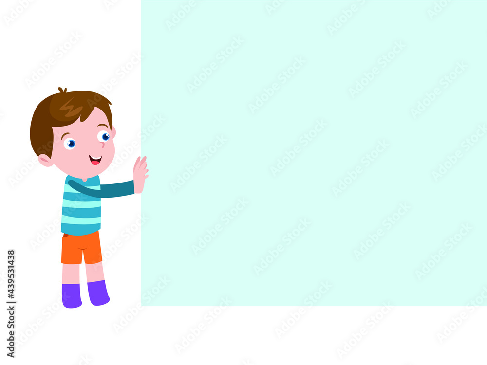 Child pushing vector concept. Boy pushing empty banner for copy space Child pushing vector concept. Boy pushing empty banner for copy space