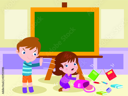 Child pushing vector concept. Bad boy pushing his friend in the class