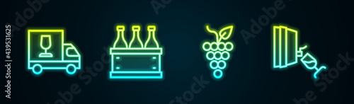 Set line Wine truck, Bottles of wine box, Bunch grapes and tasting, degustation. Glowing neon icon. Vector