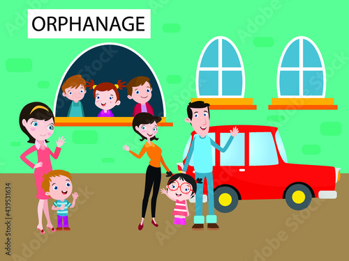 Adoption vector concept. Child adopted by new family at the orphanage