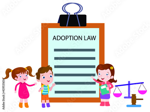 Adoption vector concept. Child cartoon character with adoption law document