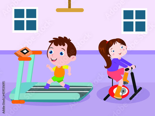 Two children doing exercise on the treadmill and exercise bike at home