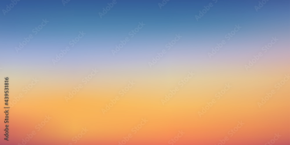 Sunset sky in evening with orange, yellow and blue colour, Dramatic twilight landscape with dark blue sky,Vector mesh horizon banner of sunrise for Spring or Summer background, Panorama natural
