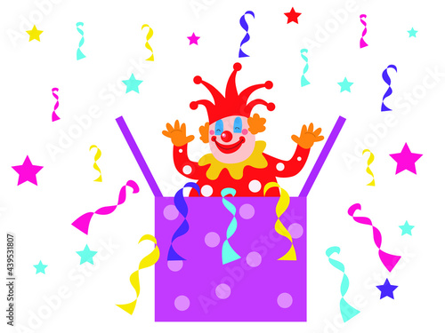 Clown vector concept. Cheerful birthday clown coming out from a gift box with confetti