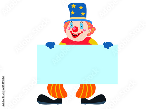 Clown vector concept. Joyful clown holding empty copy space while smiling, isolated on white background