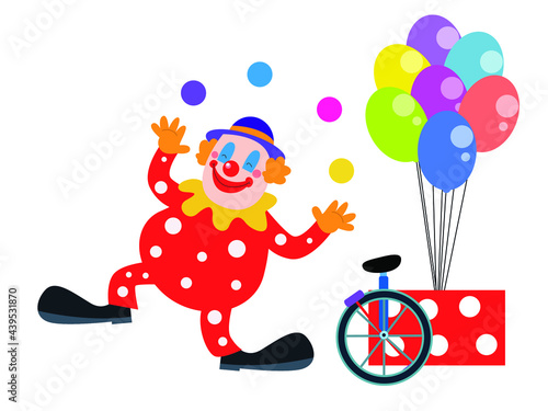 Clown vector concept. Cheerful clown doing attraction by juggling with colorful ball, isolated on white background