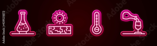Set line Decanter for wine, Drought, Meteorology thermometer and Wine tasting, degustation. Glowing neon icon. Vector