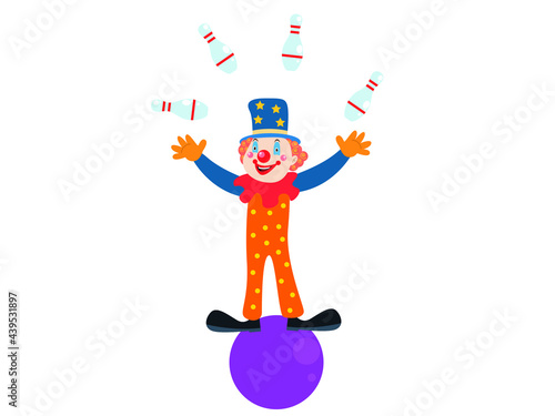 Clown vector concept. Clown riding a ball while doing juggling, isolated on white background