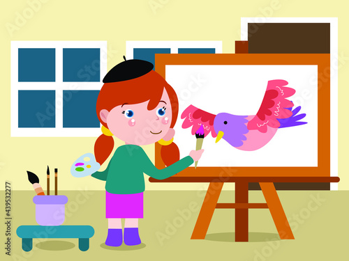 Child painting vector concept. Girl painting a flying bird on the canvas with paintbrush at home