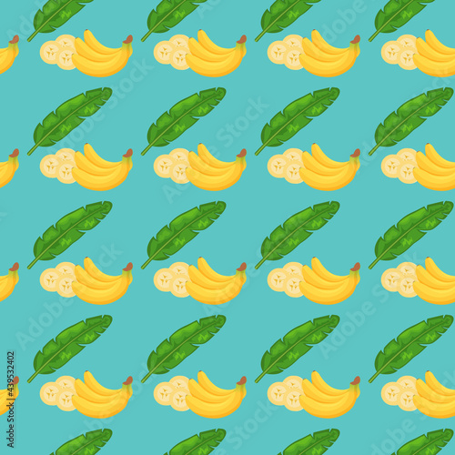 Realistic Banana Seamlless Pattern with Leaves on Colored Background. Summer Background Panana. Good for Clothing Fabric, Wallpaper, and  Other Object Decoration. Digital Illustration