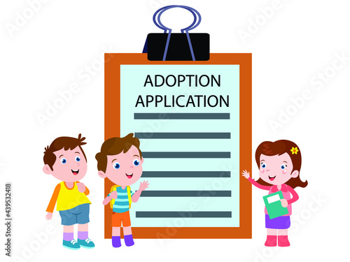Adoption vector concept. Child cartoon character with adoption law document