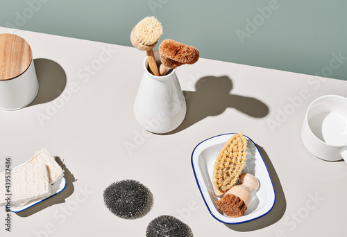 Natural brushes and sponges in kitchen