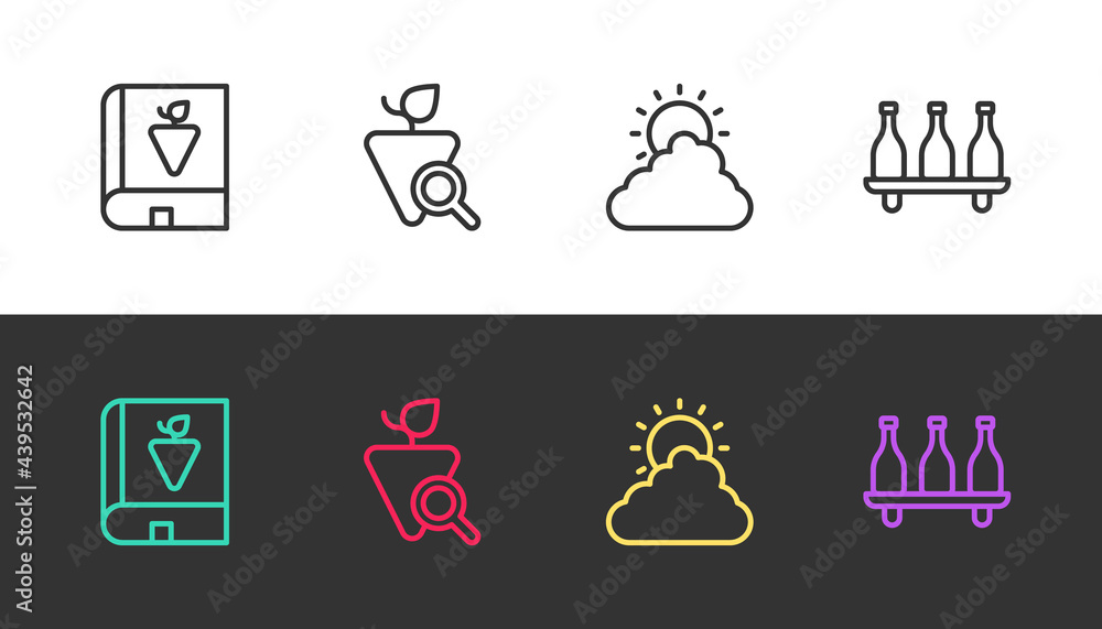Set line Book about grapes, Grapes, Sun and cloud weather and Bottle of wine on black and white. Vector Set line Book about grapes, Grapes, Sun and cloud weather and Bottle of wine on black and white. Vector