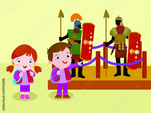 Museum vector concept. Kids looking at ancient soldier with armor and weapon in the museum