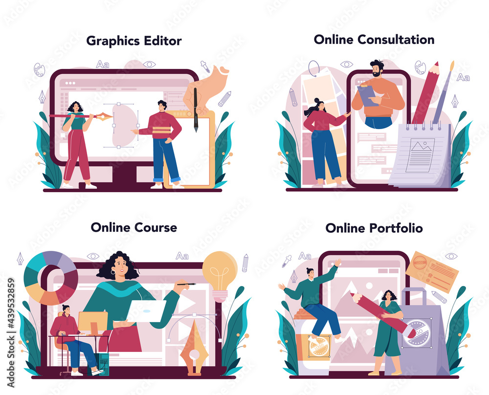 Graphic designer online service or platform set. Digital artist creating brand Graphic designer online service or platform set. Digital artist creating brand