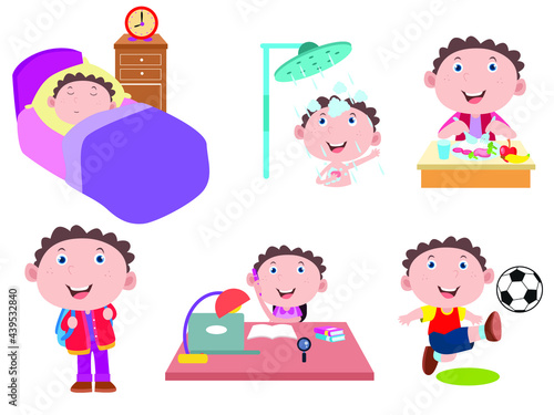 Child activities vector concept. Little boy daily activities, isolated on white background
