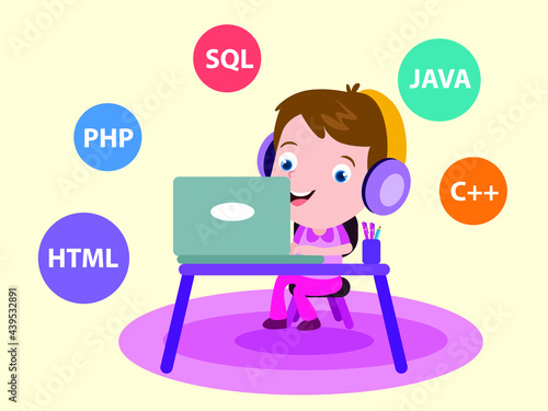 Programming vector concept. Little boy learn to programming laptop computer
