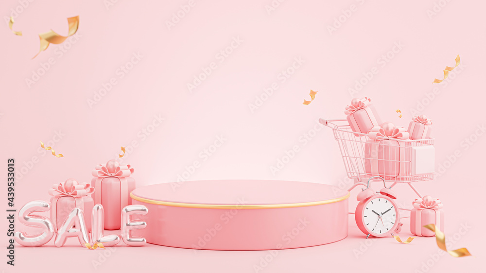 pink podium with discount sale concept background,gift,alarm clock,confetti,cart for product display pink podium with discount sale concept background,gift,alarm clock,confetti,cart for product display