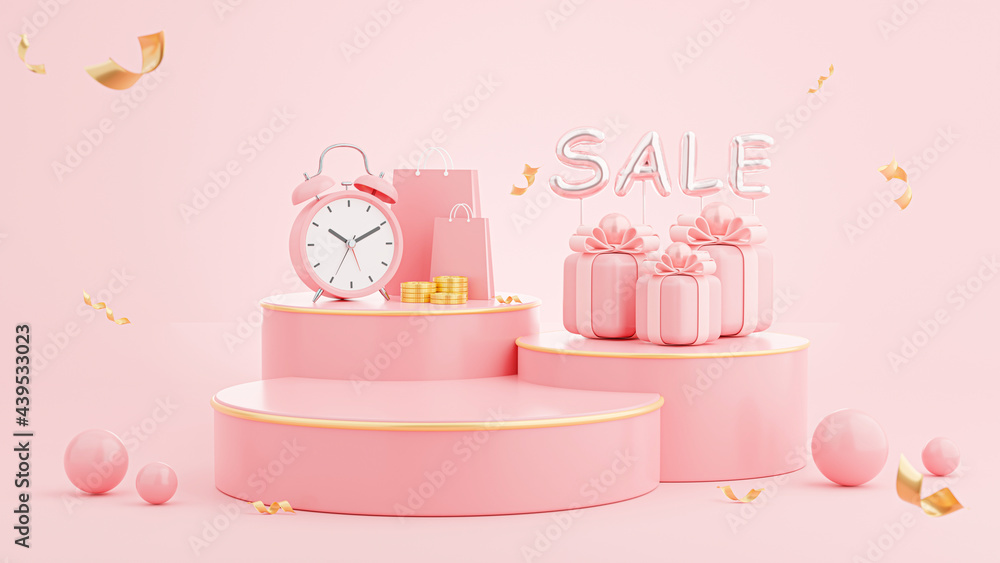 pink podium with discount sale concept background,gift,alarm clock,confetti for product display
