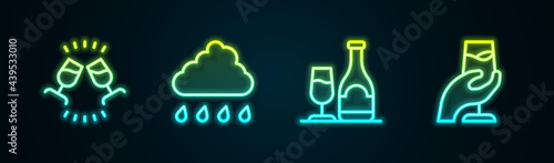 Set line Wine tasting, degustation, Cloud with rain, bottle glass and . Glowing neon icon. Vector