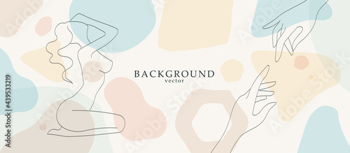 Abstract art with nude woman body in geometry shapes landscape background. Soft color painting decor background. Minimalistic background design. Vector illustration.