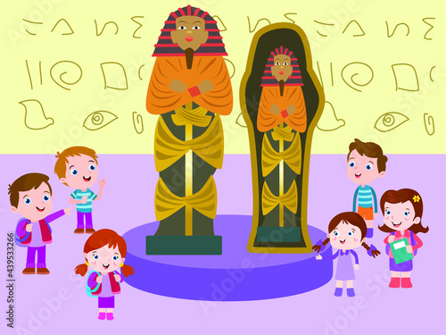 Museum vector concept. Elementary school students looking at the mummy sarcophagus in the museum