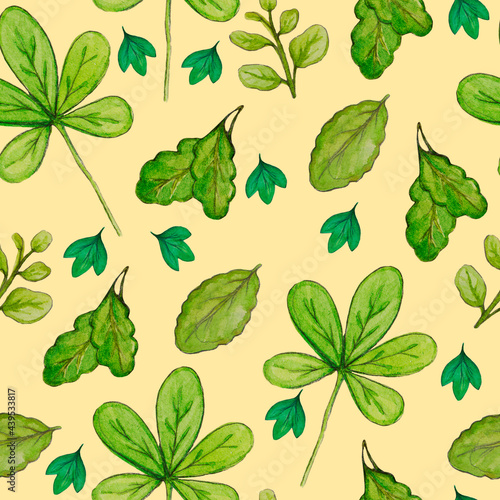 Watercolor hand drawn different leaves pattern, oak, chesnut leaves, natural background