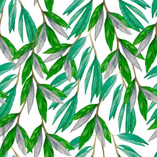 Watercolor hand drawn different leaves pattern, green natural background