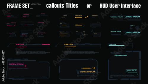 Set of modern elements for the HUD interface. Frames, callouts, headers. Menu elements for the game HUD interface. Information panels and boxes. Digital interface layout
