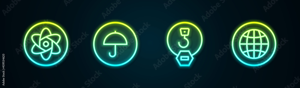 Set line Test tube and flask, Delivery package with umbrella, Industrial hook and Social network. Glowing neon icon. Vector Set line Test tube and flask, Delivery package with umbrella, Industrial hook and Social network. Glowing neon icon. Vector