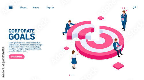 Corporate goals. Concept of motivation and teamwork, coaching and tutoring, in enterprise cooperation, business planning. Vector illustration in isometric style. Isolated on white background.