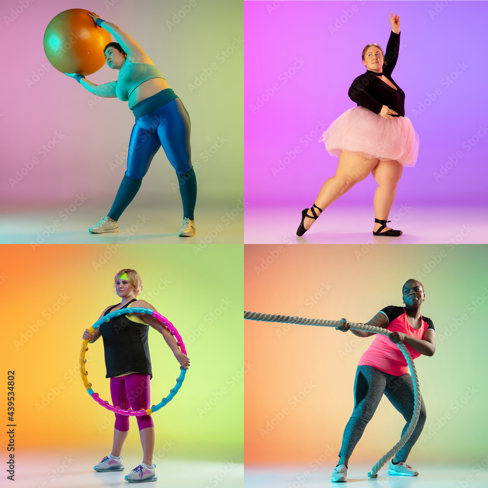 custom made wallpaper toronto digitalCollage of photos of plus-size women with ball isolated on green or yellow studio background. Concept of fitness, healthy lifestyle and beautiful body