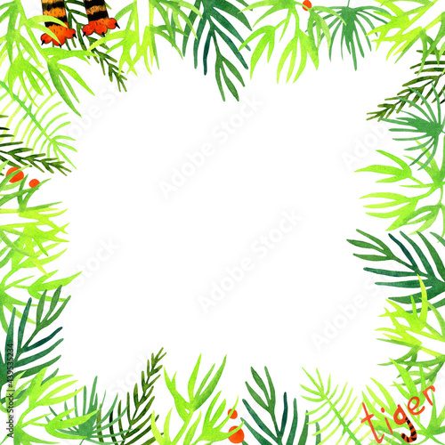 square watercolor frame of tropical leaves with tiger paws and lettering isolated on white background. decorative illustrations for invitations, cards and decor.