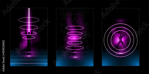 A set of images with a portal in virtual reality. Vector abstract background in cyberpunk style. Vertical banner or cover template.