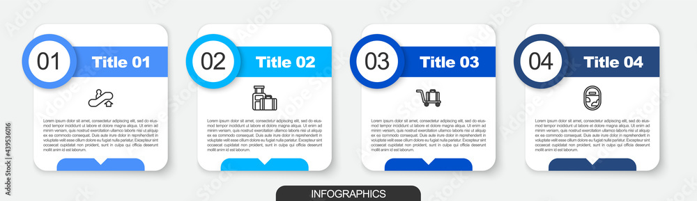 Set line Escalator up, Suitcase, Trolley baggage and Airplane window. Business infographic template. Vector Set line Escalator up, Suitcase, Trolley baggage and Airplane window. Business infographic template. Vector