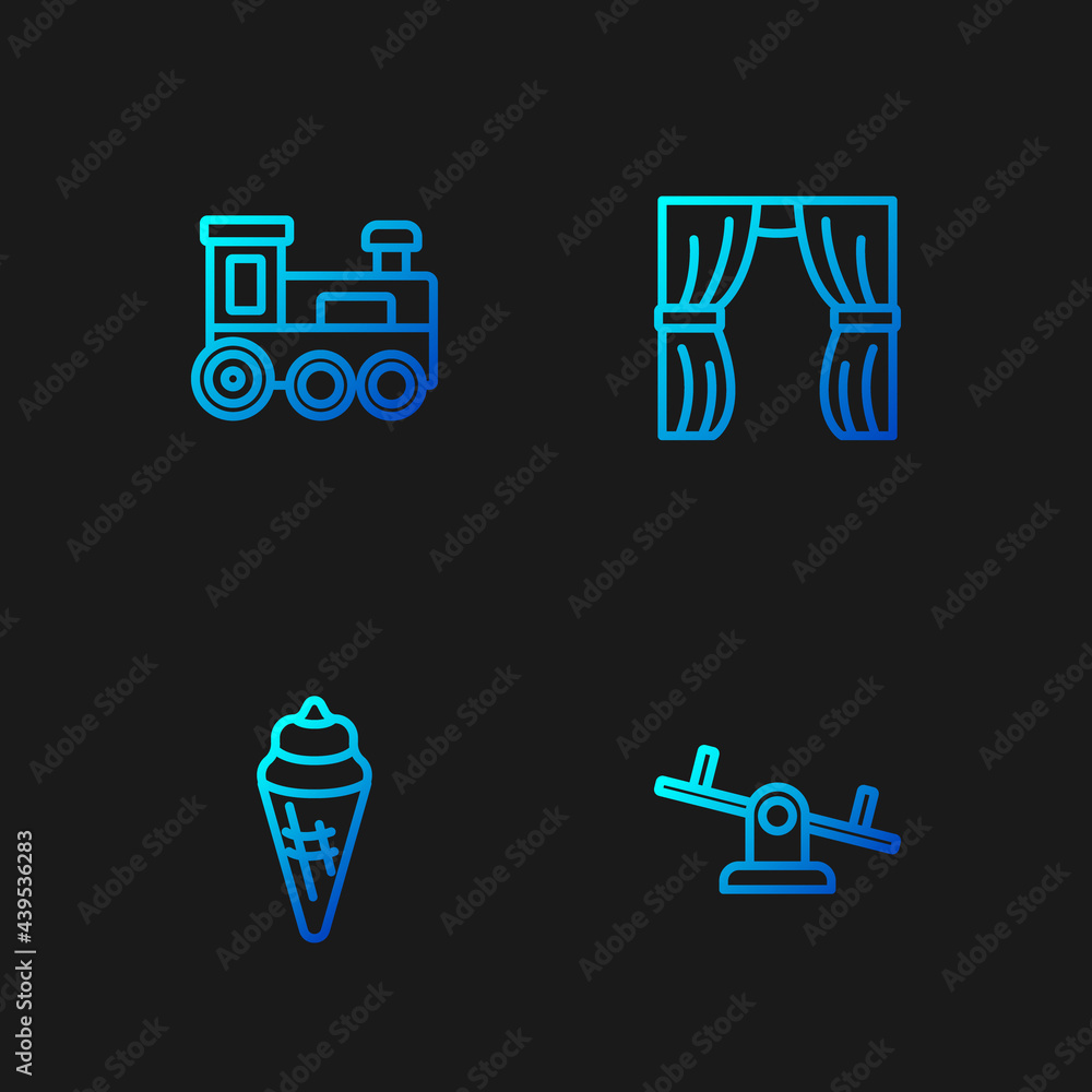 Set line Seesaw, Ice cream in waffle cone, Toy train and Circus curtain raises. Gradient color icons. Vector Set line Seesaw, Ice cream in waffle cone, Toy train and Circus curtain raises. Gradient color icons. Vector