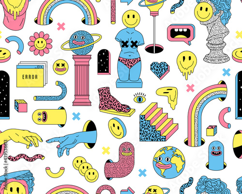 Surreal vector seamless pattern with sculpture, emoji, rainbow, arch, space, stairs in trendy weird cartoon style.