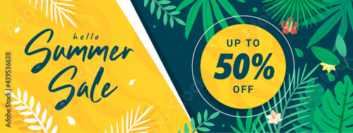 Hello summer sale banner template with green leaf and yellow background premium Vector