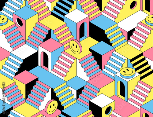 Surreal seamless pattern with stairs, steps, labyririnth, secrets and emoji.