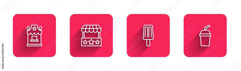 Set line Ticket box office, , Ice cream and Paper glass with water with long shadow. Red square button. Vector Set line Ticket box office, , Ice cream and Paper glass with water with long shadow. Red square button. Vector